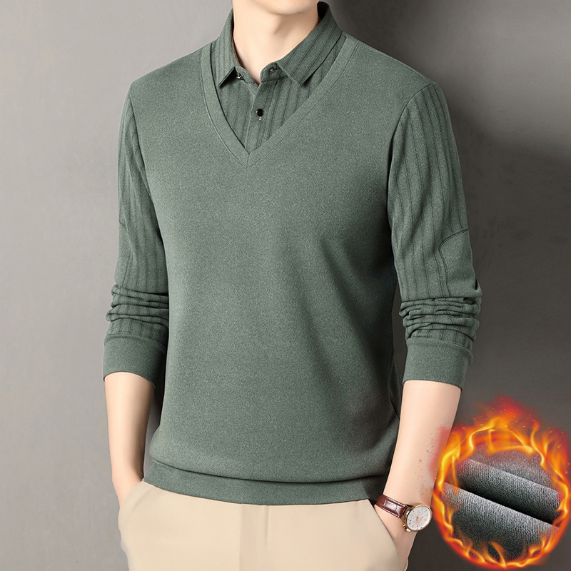 Fake Two-Piece Fleece-Lined and Thickeneded Winter New Style Wool Long-Sleeved Polo Shirt Men's T-Shirt Casual Warm Base Layer Shirt
