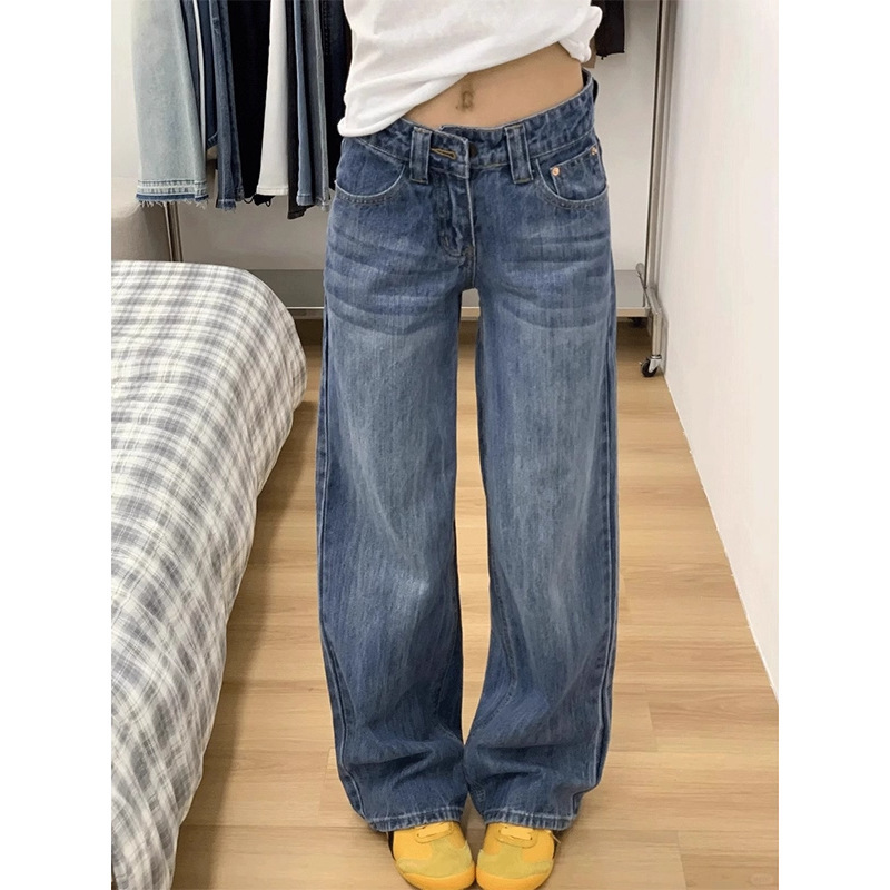 复古蓝阔腿牛仔裤女夏季2025年新款高腰直筒宽松梨形遮胯显瘦裤子|undefined