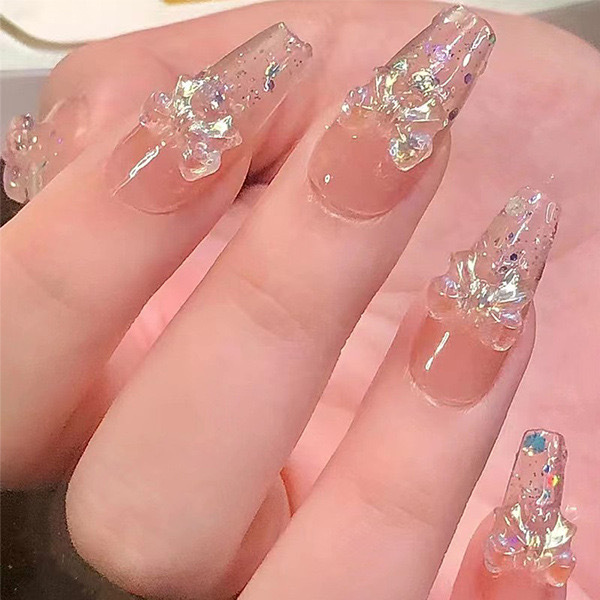 ネイルアート ウェアラブルネイル ミディアムロングタイプ 氷のように透明な椿の花柄 付け爪 ピュアでセクシーなオーロラダイヤモンド風ネイルチップ|undefined