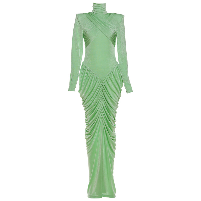 Women's Elegant Slim Fit Long-Sleeve Pleated Solid Color Dress