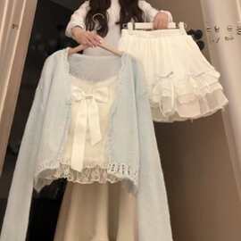 慵懒风百搭时尚蕾丝拼接针织开衫三件套中大童新款撞色蝴蝶结夏装