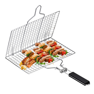 Outdoor Folding Barbecue Net BBQ Net Barbecue Tools Wooden Handle Food Clip Grilled Fish Clip Removable