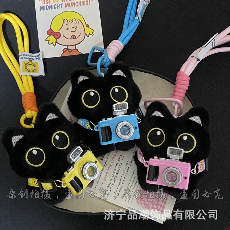 クリックフラッシュカラーカメラ超かわいい大きな目の黒猫ぬいぐるみペンダントキーホルダーバッグペンダントクールイン|undefined