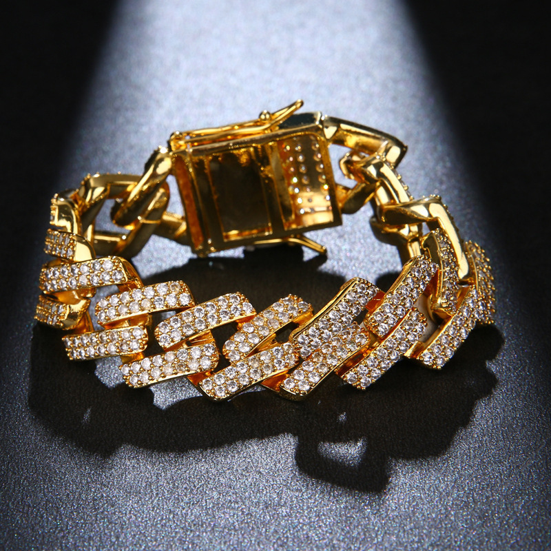 European and American hip hop Diamond Bracelet Men's exaggerated personality bar Cuban bracelet thick gold chain punk fashion match