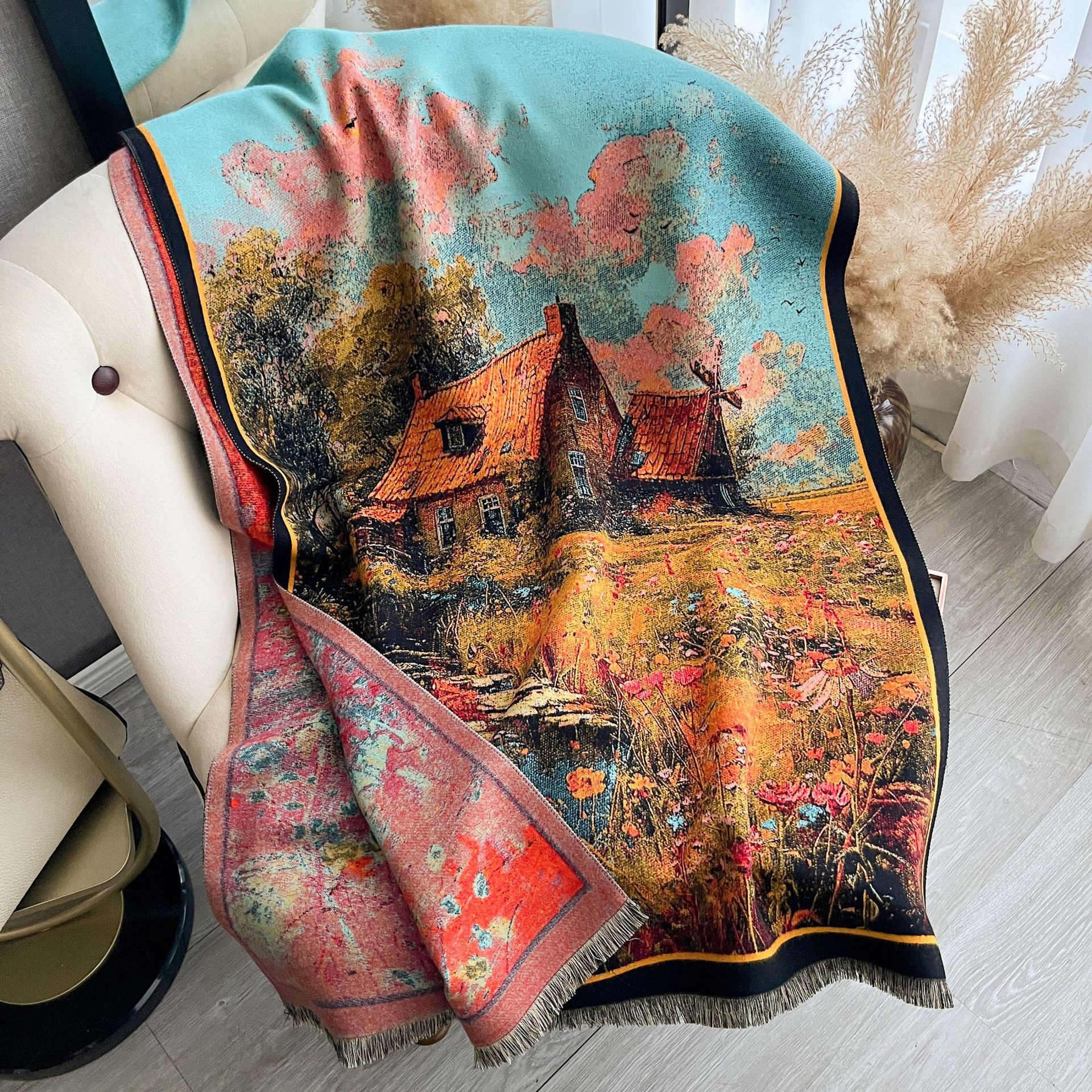 Retro pintura al óleo en color serie de combinación de imitación de cachemira gruesa mantel caliente otoño invierno nuevo estilo de literatura bufandas versátiles mujeres