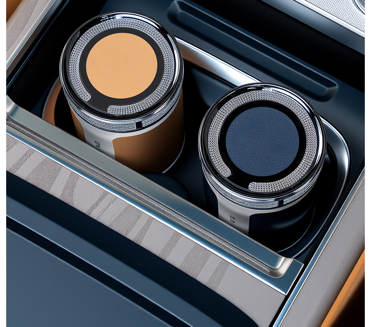 Car-mounted ashtray with lid, black, sealed, leather-textured, flame-retardant interior, ceramic, high-end, for use inside the car