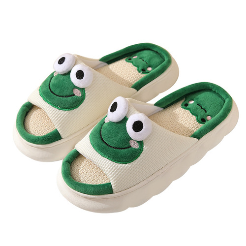 Boys and girls all seasons cute frog home linen slippers for men and women couples indoor non-slip thick-soled sandals and slippers
