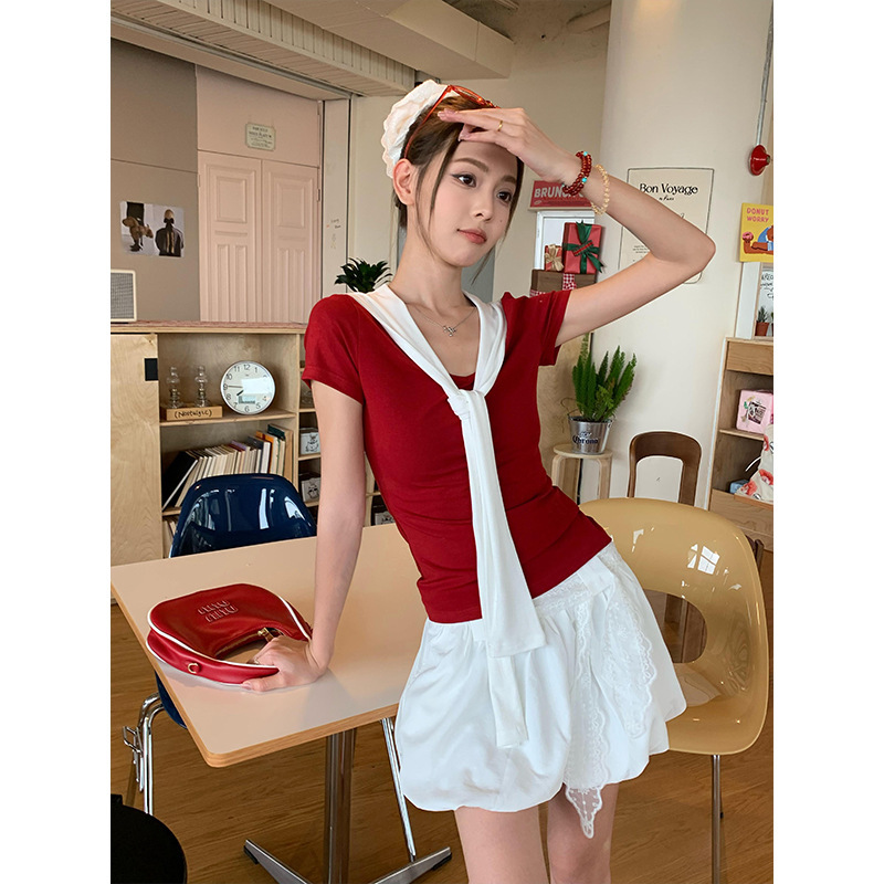 宋正恩藏蓝色正肩V领短袖t恤女夏日韩系独特显瘦海军领设计感上衣|undefined