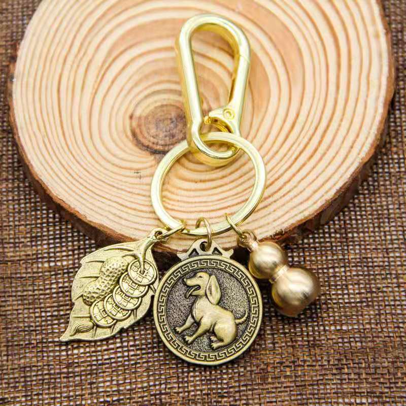 纯铜一叶生财葫芦黄铜钥匙挂件复古叶子福袋中国风创意礼品钥匙圈详情2