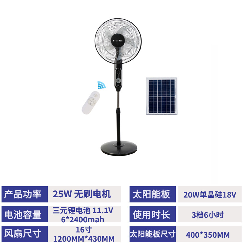 Ventilador de carga de viento grande solar para exteriores Ventilador de piso de control remoto doméstico Ventilador de motor sin escobillas para interiores transfronterizos