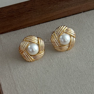 金色立体编织纹珍珠耳钉耳环法式复古质感轻奢高级感时尚立体个性