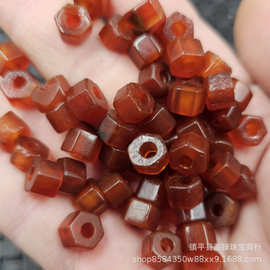 包浆红玛瑙大孔珠玉石散珠磨砂六棱珠玉扣算盘珠路路通隔片隔珠