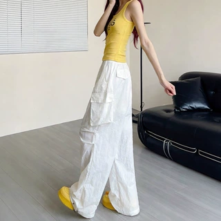 白色锦纶速干工装裤女裤夏薄款多口袋显瘦阔腿裤小个子美式运动裤