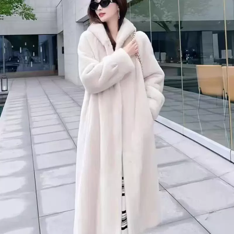 2025秋冬加厚长款貂皮大衣仿皮草外套连帽貂绒一体大衣女毛毛外套