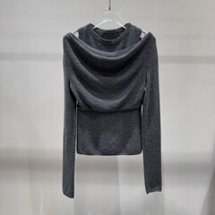 2025年の春の新型の婦人服の気質の長袖の煙の灰色の偽の2つのニットの上着の女性の50118001