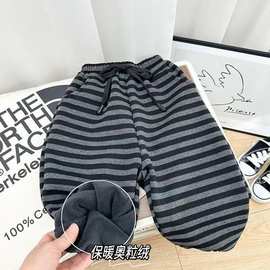 男童加绒裤子2025新款秋冬款儿童保暖一体绒加厚洋气条纹百搭卫裤