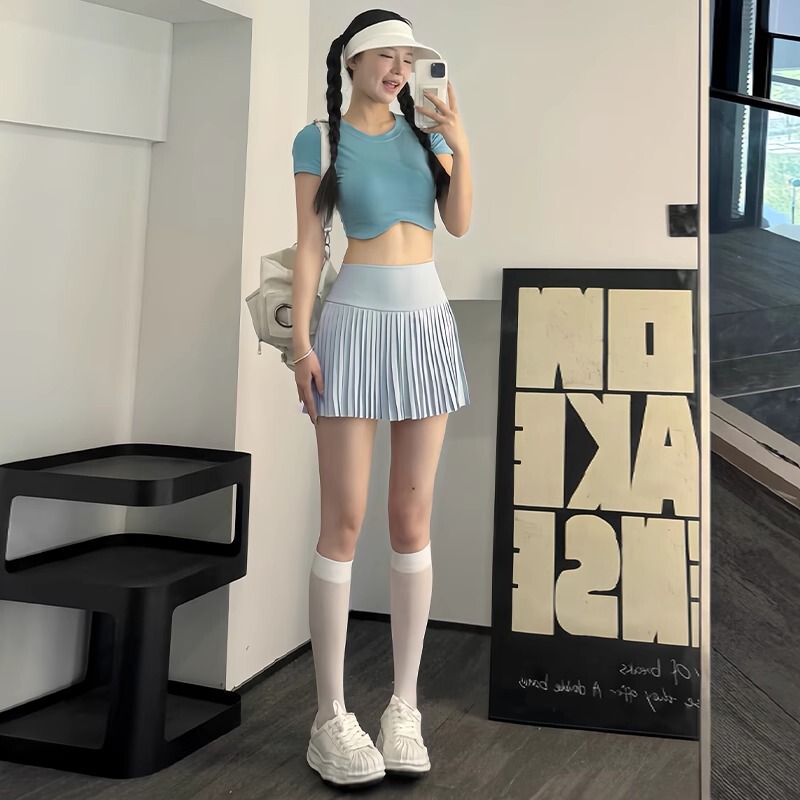 ルルスポーツスタイルプリーツスカート女性の夏速乾性プラスサイズファットmmアウトドアフィットネスランニング露出防止ヨガスカート|undefined