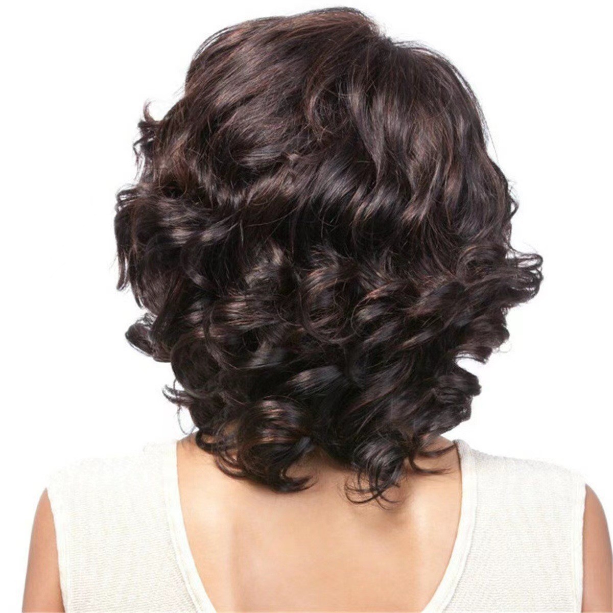 Amazon nuevo producto peluca europea y americana mujer negro de longitud media rizado wigs África de punto medio ola grande tocado de seda de alta temperatura