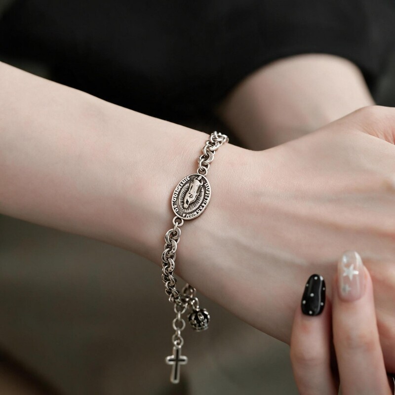 Vintage Hip-Hop Cross Crown Virgin Mary Pendant Bracelet Trendy Simple Personality Style Similar to Yushi Vintage Hip-Hop Cross Crown Virgin Mary Pendant Bracelet Trendy Simple Personality Style Similar to Yushi
