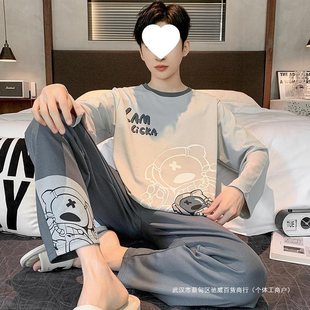 Pajamas Men's Spring and Autumn Thin Long-sleeved Casual Youth plus size Boy Big Boy Cartoon Home Clothes for suit Summer