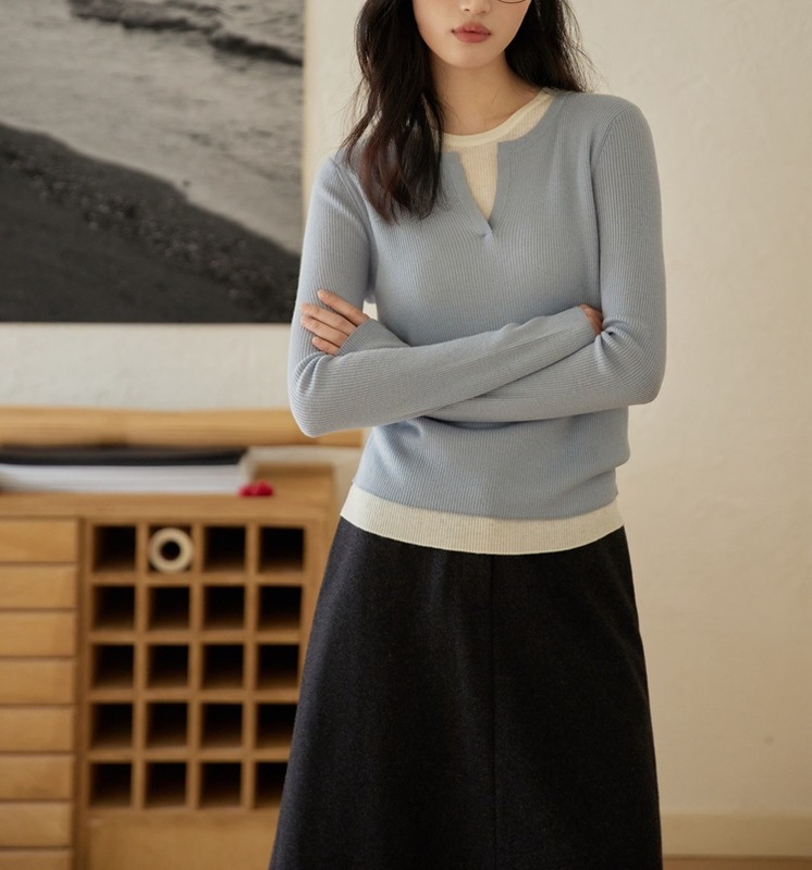 GINNKE 气质通勤美利奴羊毛套头假两件针织衫女2025秋冬长袖上衣|undefined