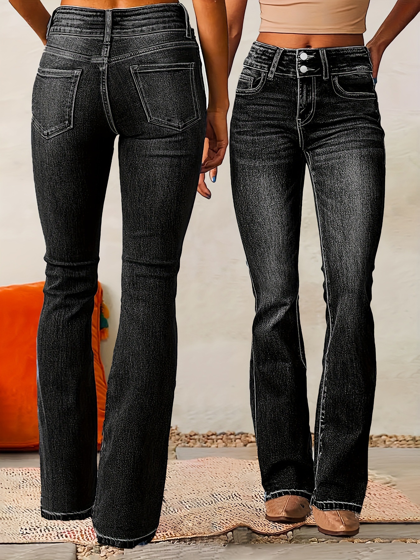 Jean évasé stretch vintage pour femme - Jean en denim délavé et usé, coupe pattes d'éléphant, idéal pour un look streetwear et rétro_voghion.com