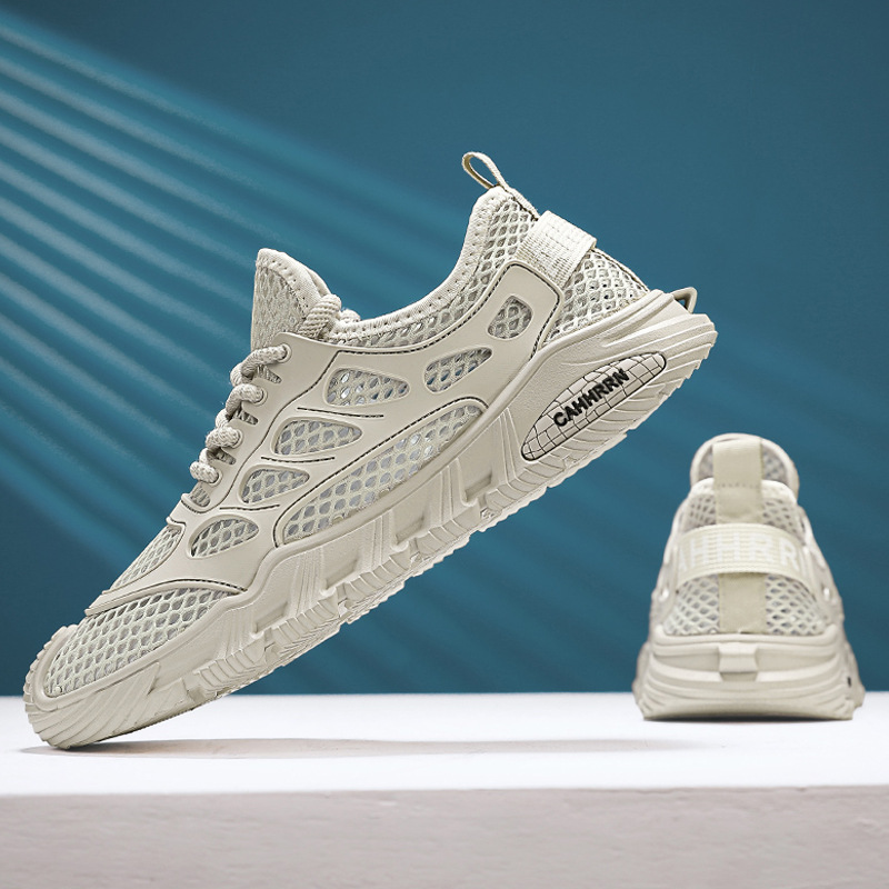 Primavera y verano 2025 para hombre nuevo estilo de malla fina correa elástica para pies tendencia deportiva boca baja todo fósforo zapatos casuales para hombre