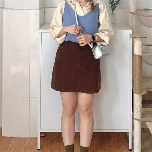 大码胖mm灯芯绒半身裙女夏季新款咖色a字短裙小个子显瘦包臀裙子|undefined