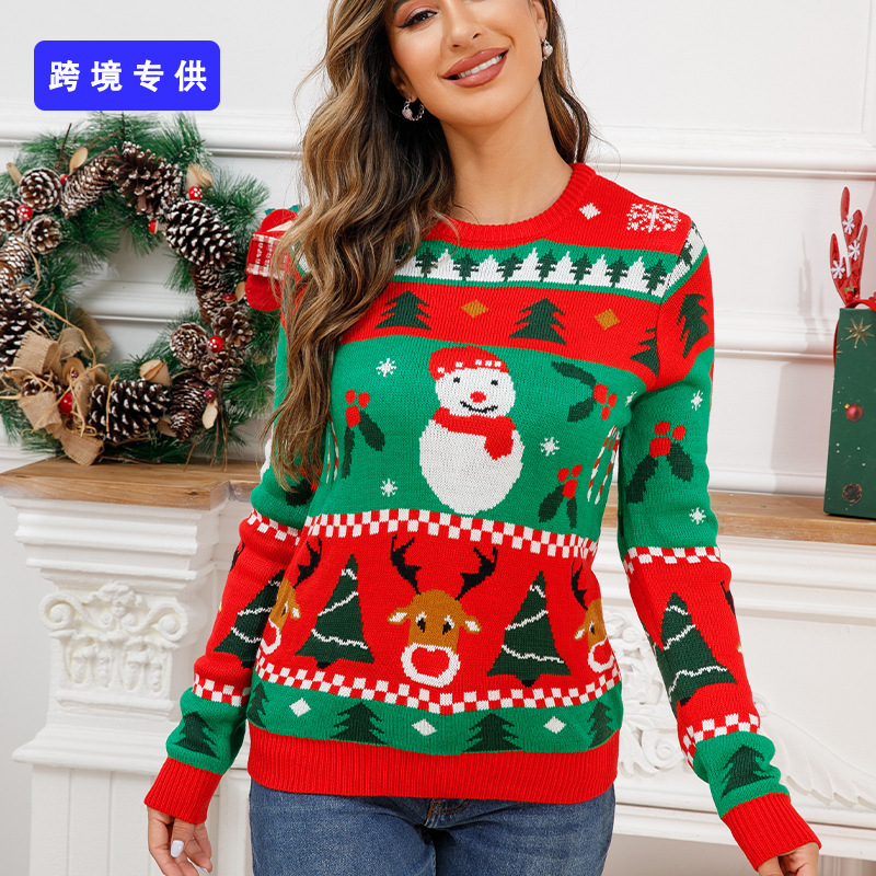 Ready-Made Sweaters Customized Cross-Border Foreign Trade Autumn and Winter Amazon Christmas Sweaters European and American Cartoon Jacquard Pullover Sweaters