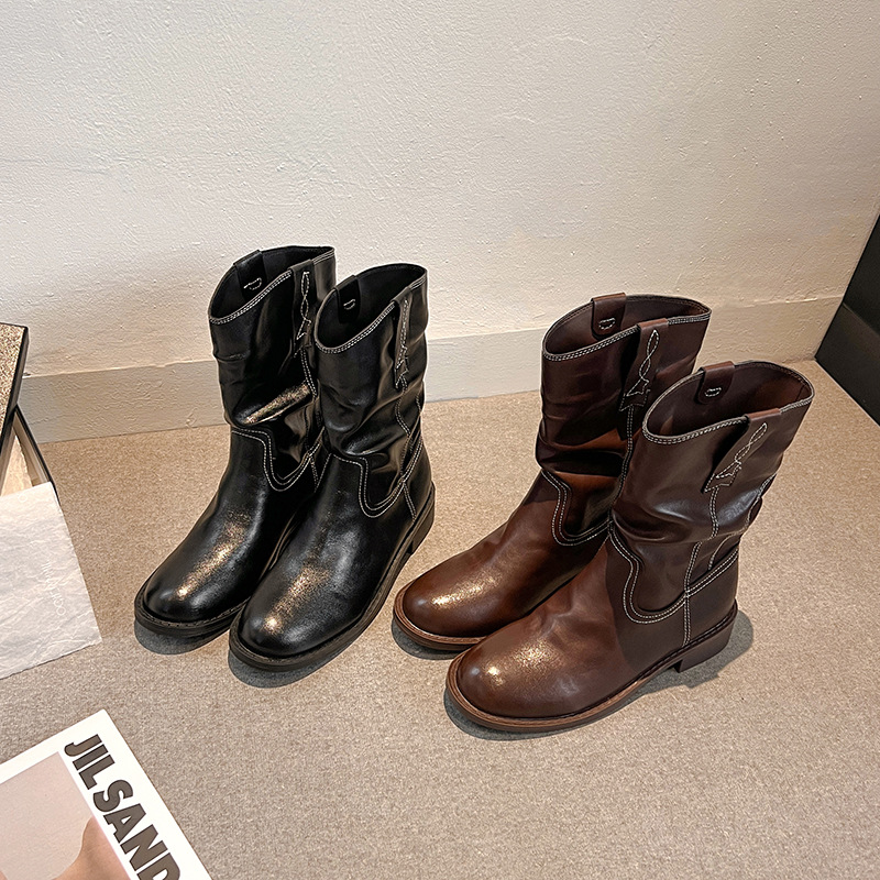 Sheepskin Version Genuine Leather Retro Style Thick Heel Western Cowboy Boots for Women 2025 New Casual Thick High Heel Versatile Boots