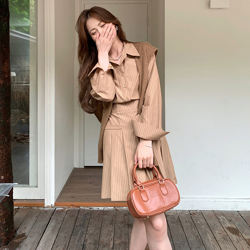 条纹长袖衬衫连衣裙子女秋季2025新款韩系穿搭小个子法式气质长裙|undefined