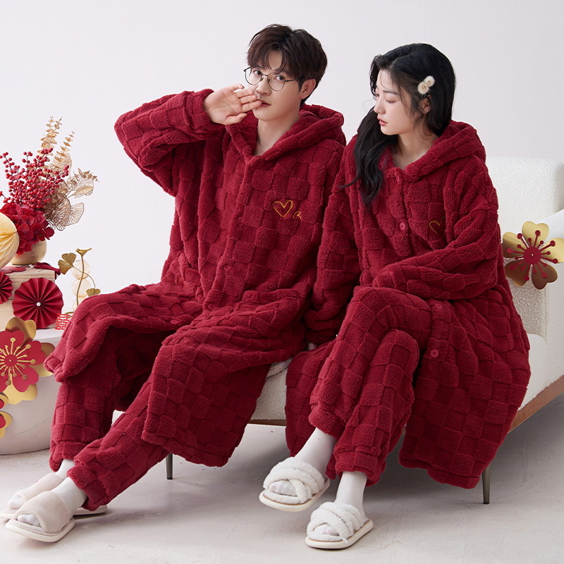 Pijama de casamiento de nuevo matrimonio conjunto de invierno pijama de lana de coral más lana gruesa ropa de hogar de franela