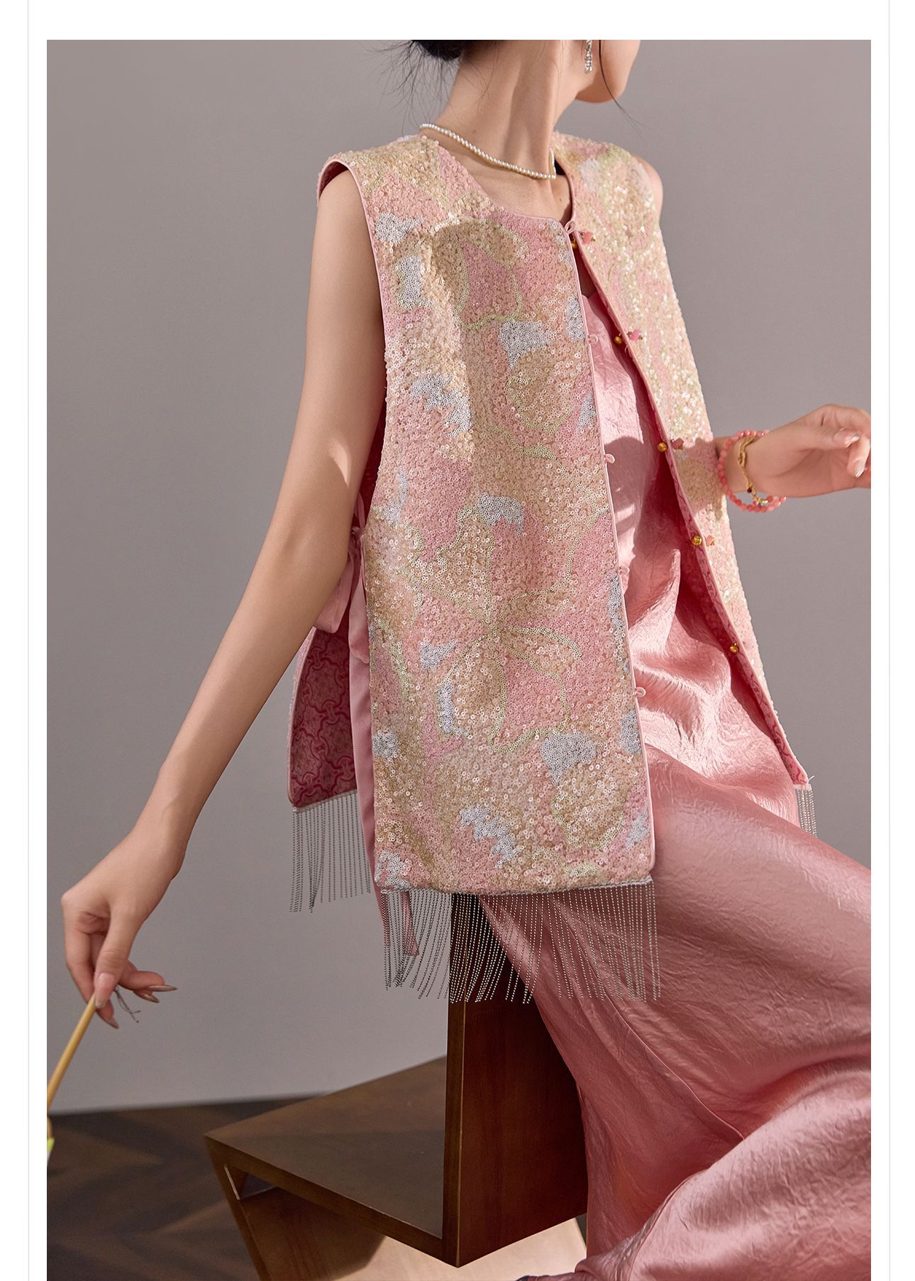Áo vest gile nữ hai mặt phối ren đính cườm phong cách Trung Hoa mới mùa hè N2078 — Phối màu [mặc hai mặt] chi tiết 9