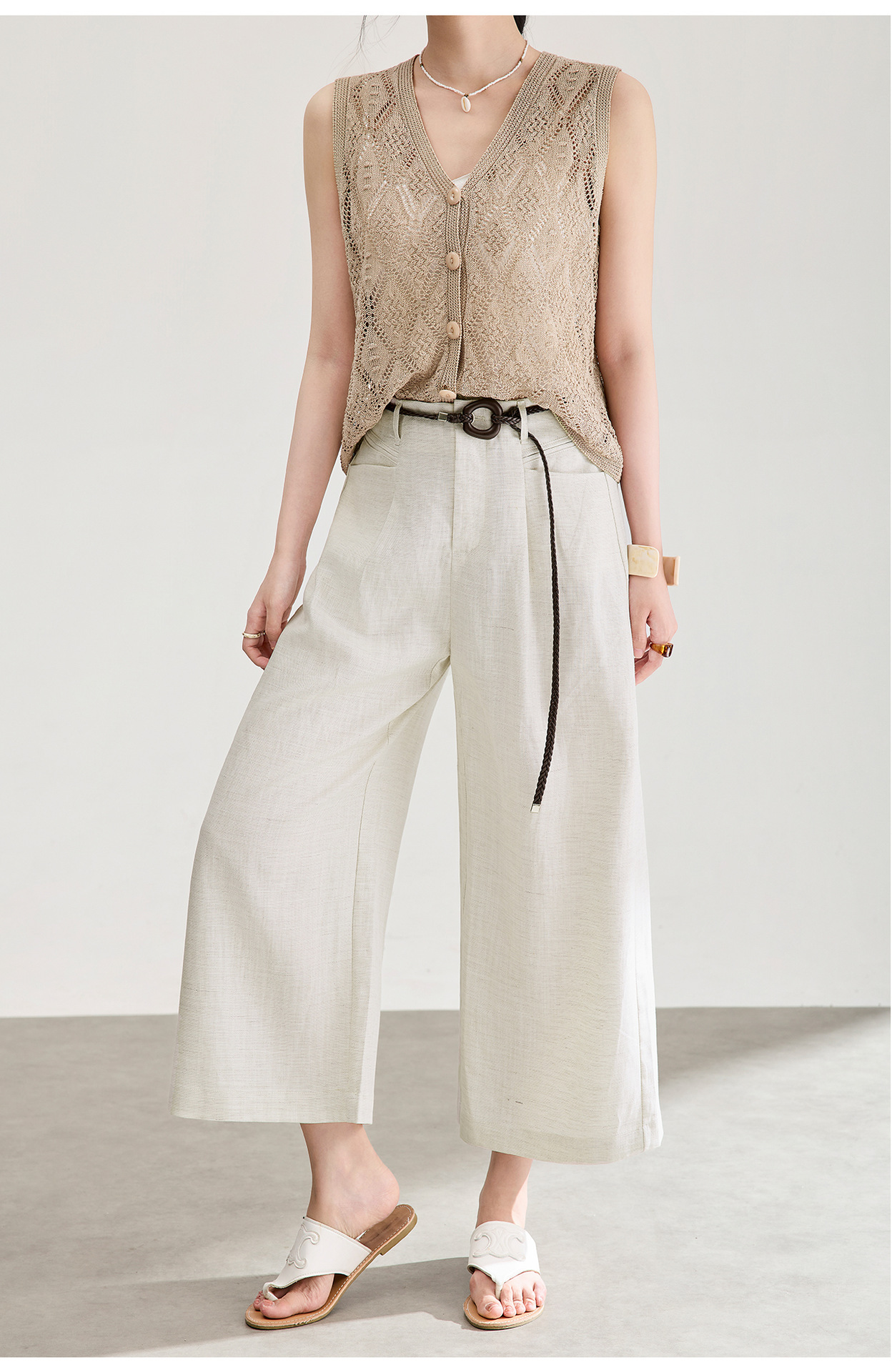 Quần culottes nữ ống rộng chất liệu linen phối sợi tencel, cạp cao dáng suông, mặc mùa hè thoáng mát — Xanh lông mòng đen chi tiết 13