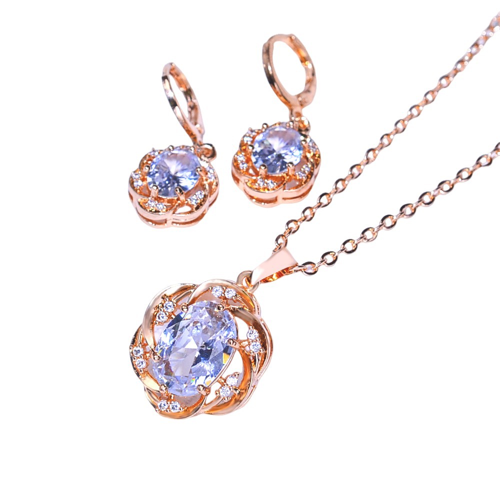 Europa y América de moda bronce incrustado gran pendientes de zircon collar conjunto de joyería pendientes de mujer colgante hermosa joyería transfronteriza