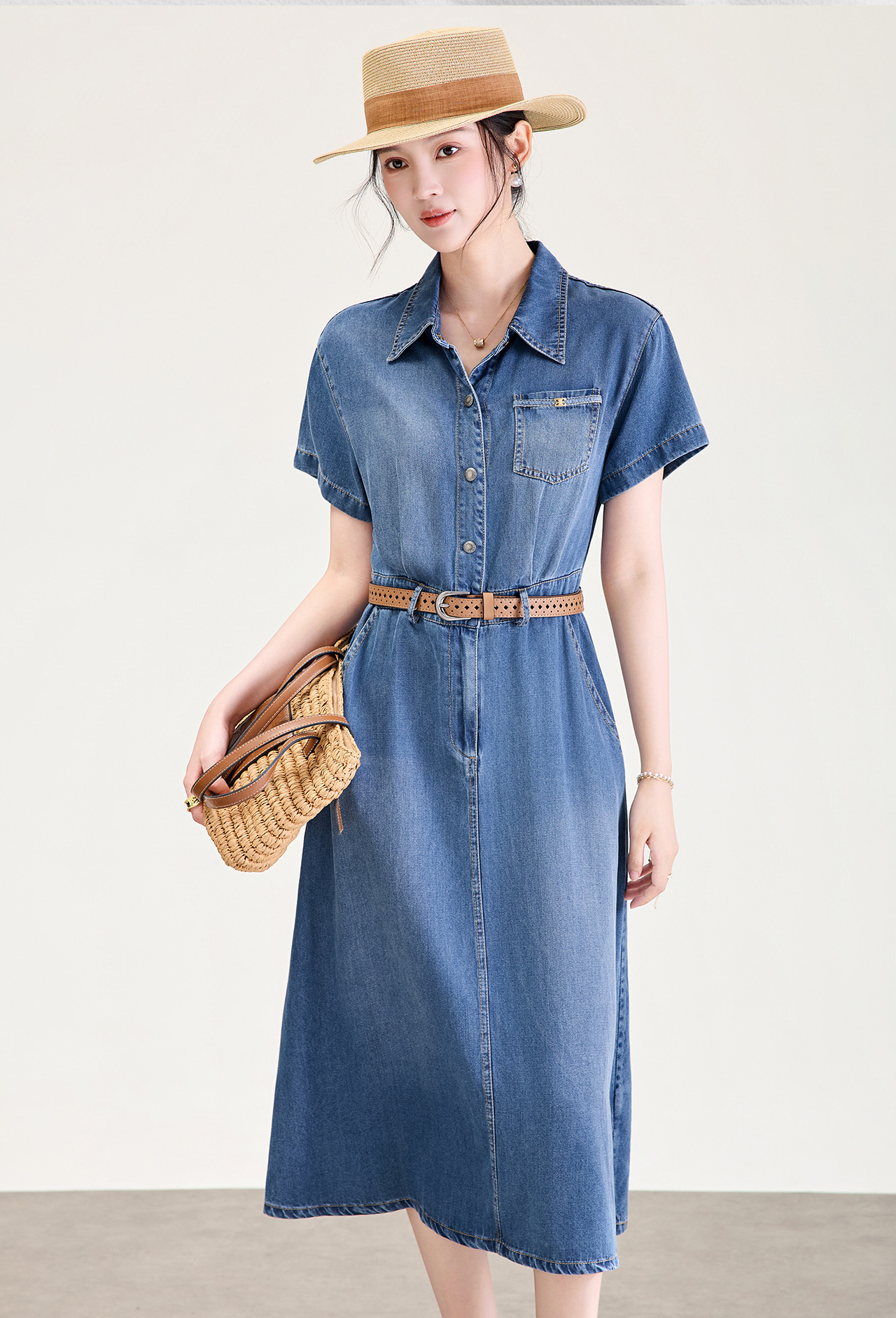 Váy denim nữ cạp cao dáng chữ A tay ngắn mùa hè — Cao bồi xanh chi tiết 2