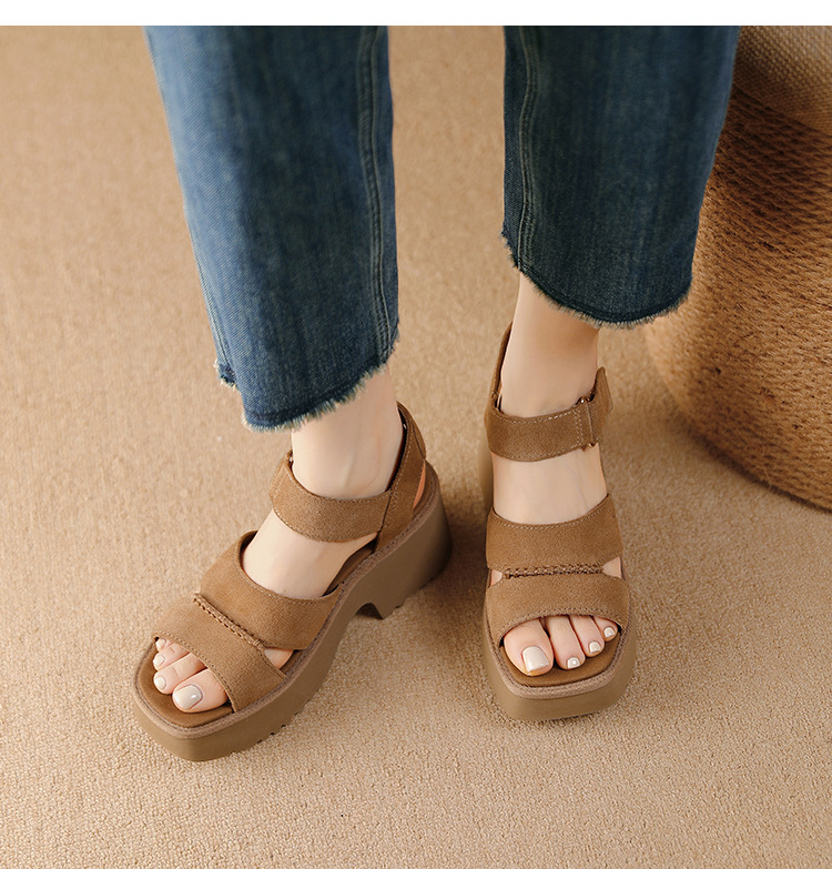 Sandal cao gót nữ hở mũi đế xuồng platform, quai dán tiện lợi, gót 9 cm — màu nâu chi tiết 6