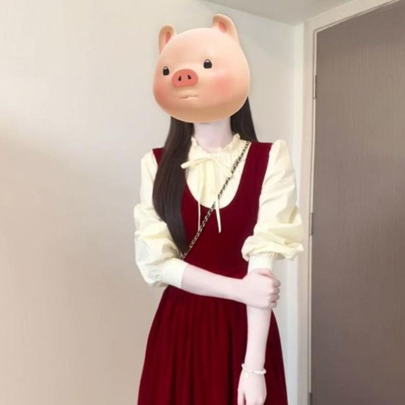 复古法式红色连衣裙子女秋冬季新款感小个子气质长裙背心套装|undefined