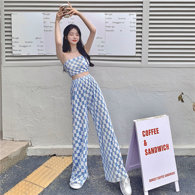 2022 Summer New Suit Slim-fit Short Tube Top Plaid Pleated Wide-leg Pants Casual Two-piece Set Women's Trendy