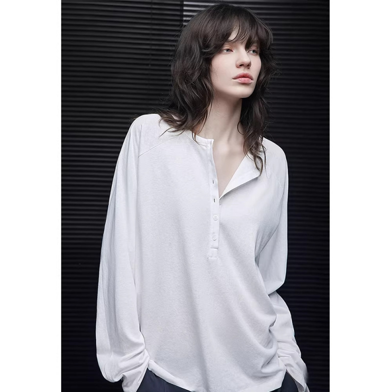 Henry Collar Buttoned T-Shirt with Simple Structure, Solid Color, 2026 New Model, Multi-Color Versatile Design, Long Sleeve 1236 Four Yuan