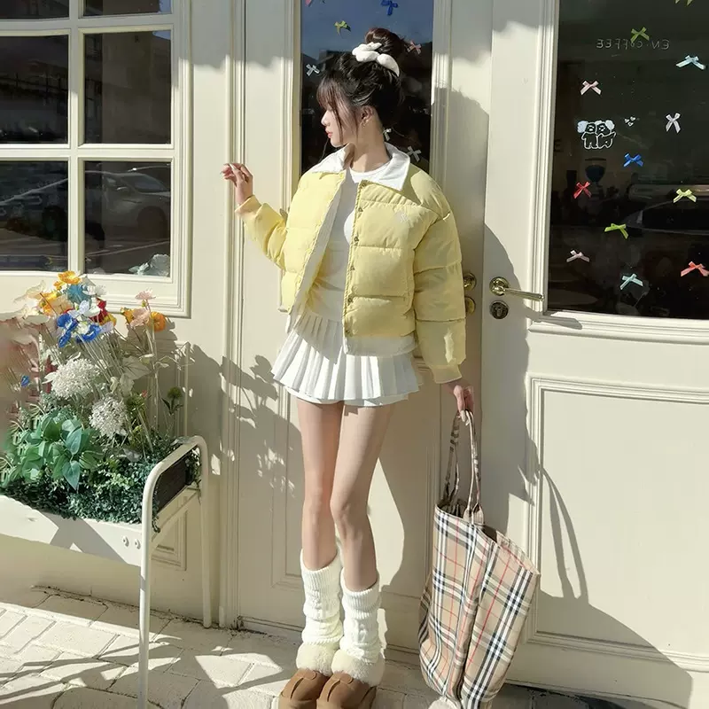 新款韩系温柔奶黄色撞色假两件翻领棉服女2025秋冬宽松面包服棉衣