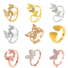 跨境新款三只蝴蝶戒指女欧美ins风创意设计铜镶钻蝴蝶食指戒批发