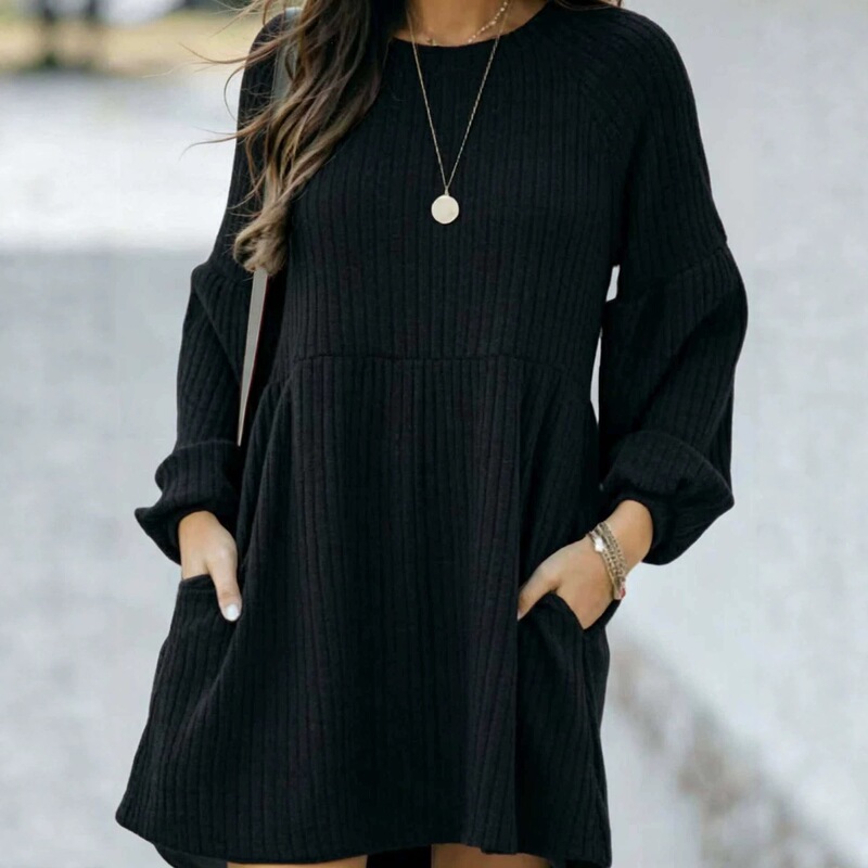 2026 Amazon European and American cross-border women's clothing autumn and winter casual style ribbed diagonal buckle pocket solid color long-sleeve dress 2026 Amazon European and American cross-border women's clothing autumn and winter casual style ribbed diagonal buckle pocket solid color long-sleeve dress
