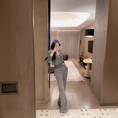 秋季新款烫钻字母wang拉链外套大长腿套装女时尚简约休闲两件套潮