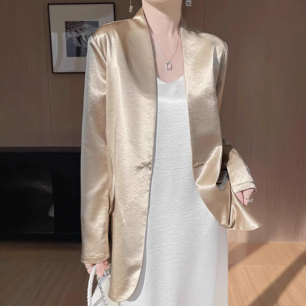 ng2510292 White Acetate Satin For Women, 2025 Spring/autumn New Style, Loose Casual Elegant Short Blazer Top_ecoleips.com