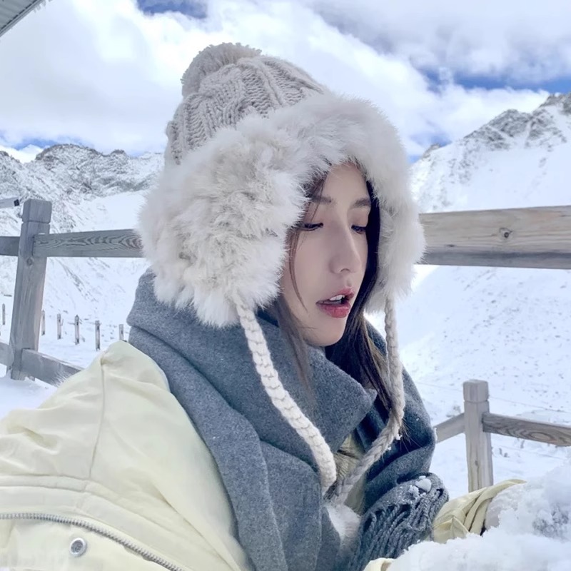 フェア島風毛糸帽子女子秋冬レトロ百合大頭囲保温ニット帽子顔小耳保護帽子