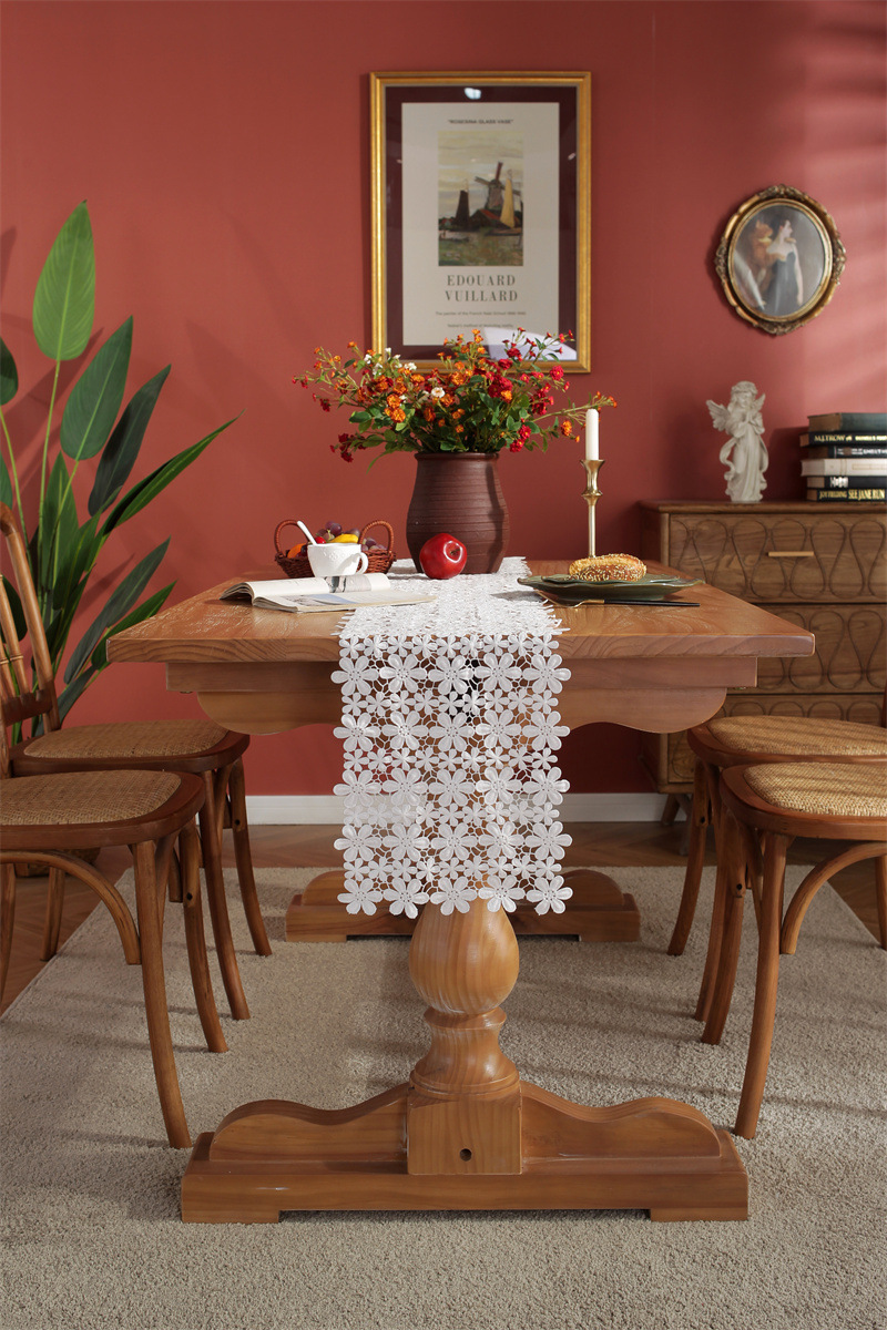 Rustic Romantic White Hollow Floral Lace Table Runner Decor_voghion.com