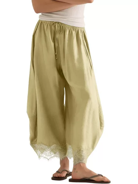 2026 Cross-Border European and American Amazon Women's New Style Curved Pants with Elastic Waist and Lace Trim Wide-Leg Pants
