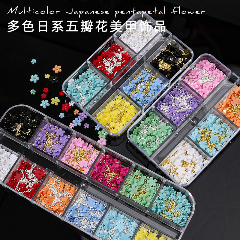 Set de joyas de manicuría de cinco pétalos colorido parches de uñas de flores tridimensionales DIY nail decoración taladro plano al por mayor