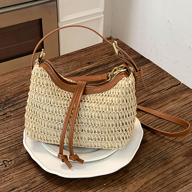 Contrast Color Straw Woven Bag for Women, 2026 New Spring and Summer Handmade Woven Vacation Shoulder Crossbody Dumpling Bag Handbag